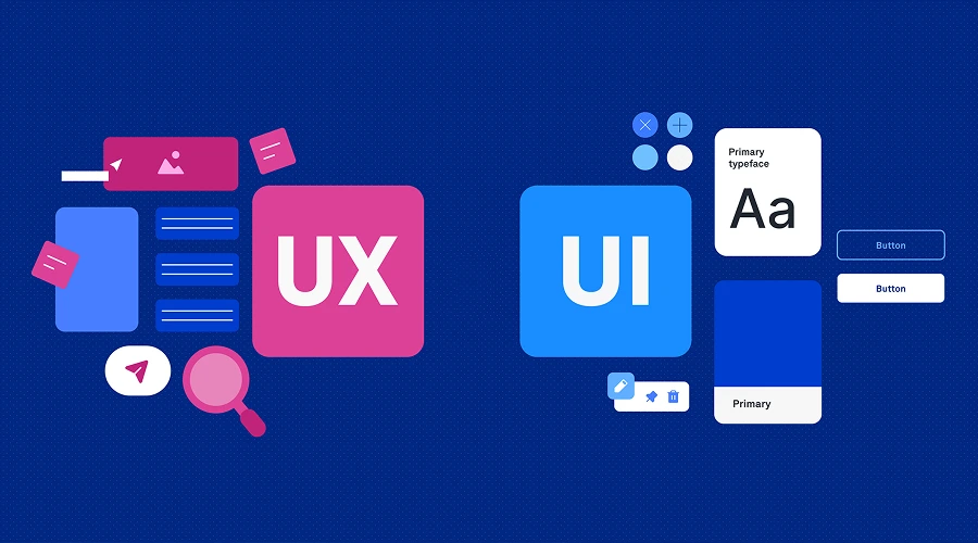 Comparative layout showing pink "UX" elements like research and wireframes next to blue "UI" elements like typography and buttons.