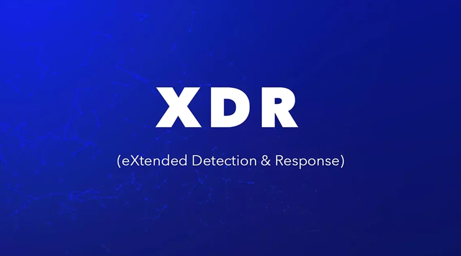 A bright blue background featuring a faint network node pattern and the text: "XDR (eXtended Detection & Response)."