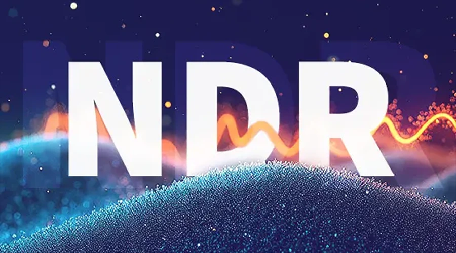 A stylized, colorful graphic of a digital wave with the bold white letters "NDR" and the text: "Network Detection and Response."