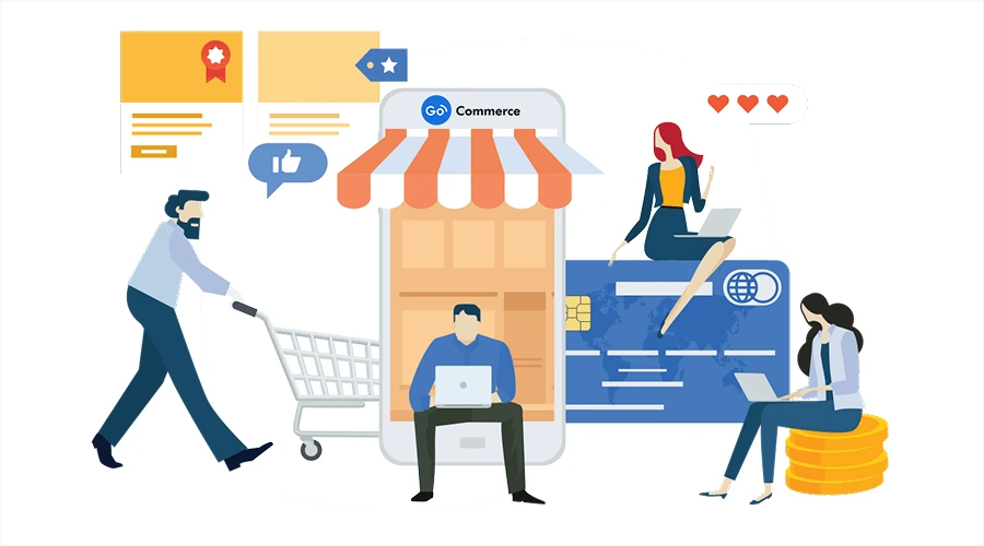Why E-commerce Is Critical for Modern Businesses - WeeTech Solution Pvt Ltd Illustration of various people using laptops and shopping carts around a large smartphone and credit card, representing the importance of e-commerce for modern business.