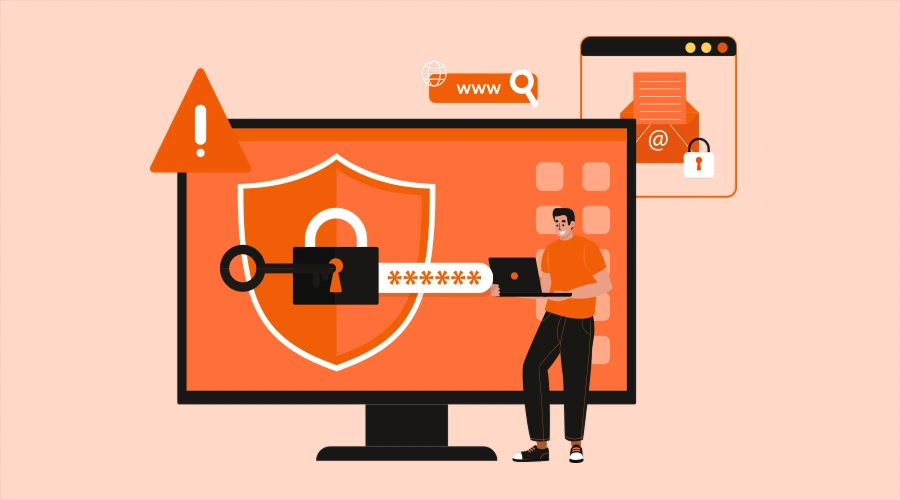 An orange-themed illustration showing a man by a monitor with a shield, a password field, and a warning icon.