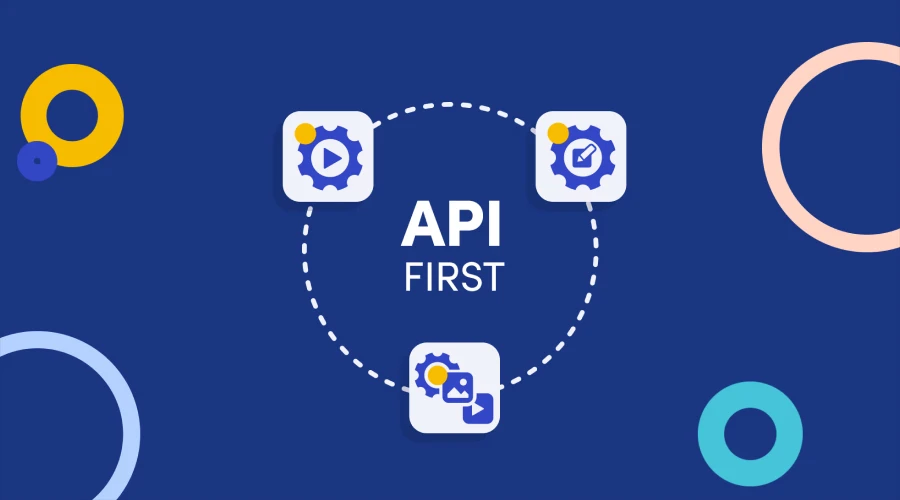 A clean graphic with "API FIRST" centered in a dashed circle, surrounded by three icons representing video, editing, and photo/video media processing.