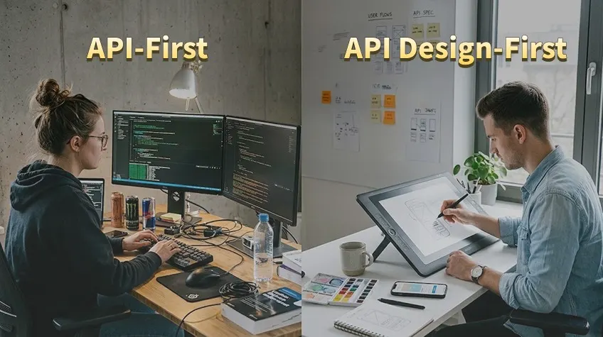 A split image featuring a person at a dual-monitor setup coding under the "API-First" label and an illustrator using a tablet and stylus under the "API Design-First" label.