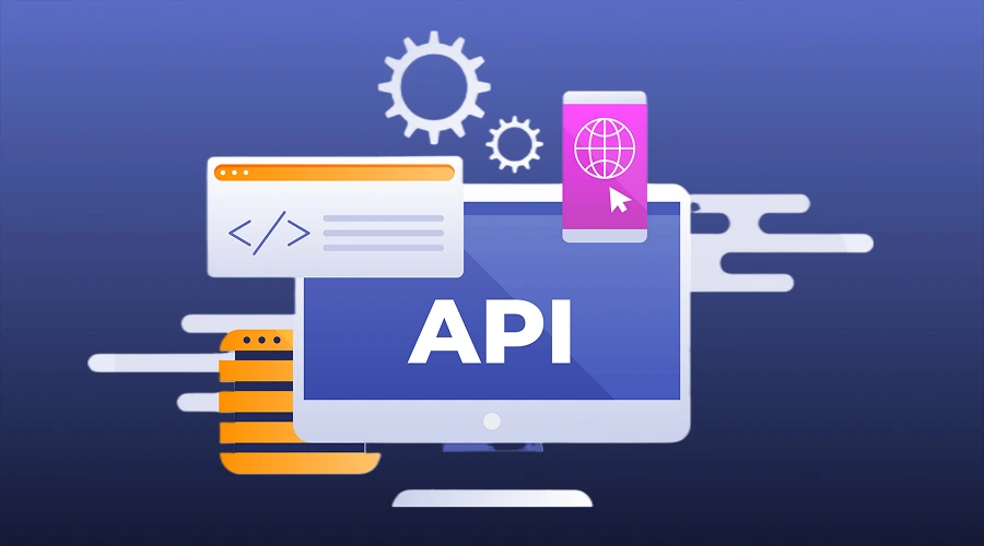 API Test Automation - WeeTech Solution Pvt Ltd A high-tech graphic featuring a computer monitor with the text "API," surrounded by floating icons representing code, global connectivity, and gear mechanisms.