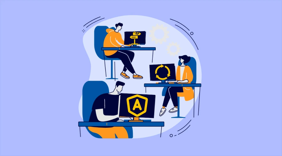 Flat illustration of three people at desks with Angular icons, representing collaborative development and efficiency.