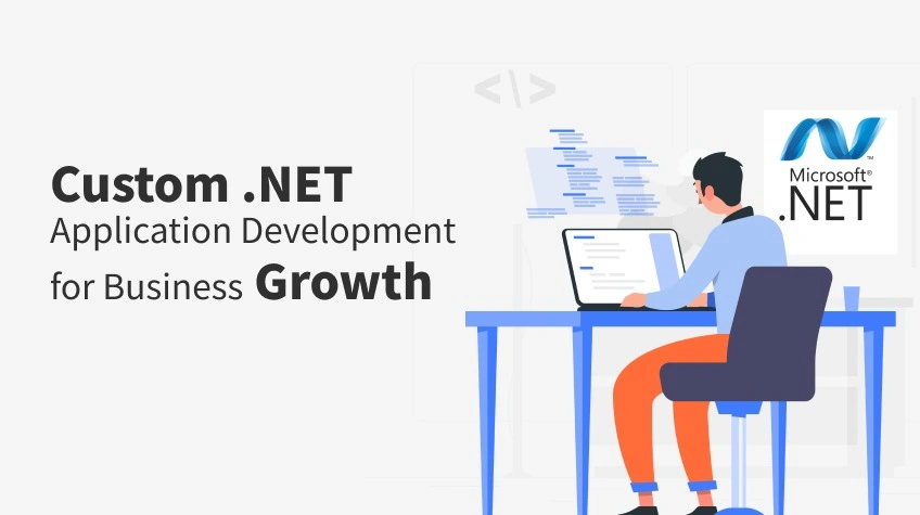 Illustration of a developer working at a desk with a laptop and a large Microsoft .NET logo.