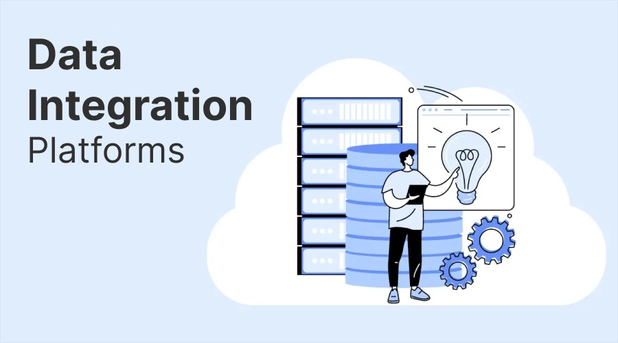 Data Integration Platforms - WeeTech Solution Pvt Ltd A graphic titled "Data Integration Platforms" depicting a person pointing to a lightbulb idea on a screen next to data server stacks and gears.
