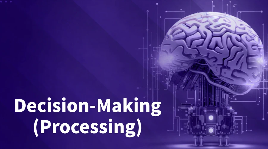 A stylized, glowing purple brain connected to complex circuitry and digital nodes. Text: "Decision-Making (Processing)"