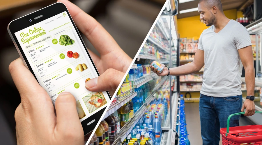 A split-screen image showing a hand holding a smartphone with an online grocery app on the left and a man shopping in a physical supermarket aisle on the right.