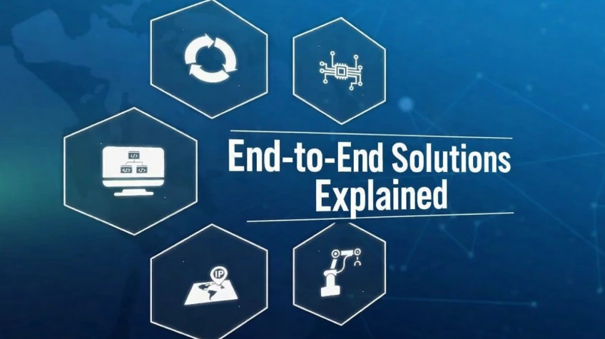 : A blue graphic featuring the text "End-to-End Solutions Explained" surrounded by hexagonal icons representing various business processes and technology.