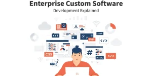 Developer at a laptop surrounded by floating programming language icons.