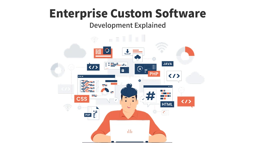 Enterprise Custom Software Development Everything You Need to Know - WeeTech Solution Pvt Ltd Developer at a laptop surrounded by floating programming language icons.