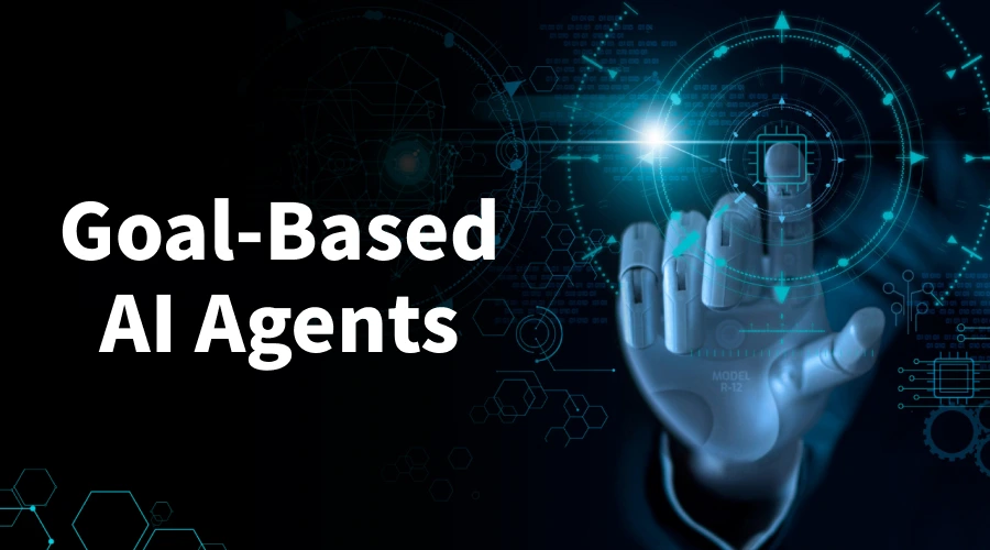 A robotic hand reaching out to touch a digital HUD interface with target icons and data overlays. Text: "Goal-Based AI Agents"