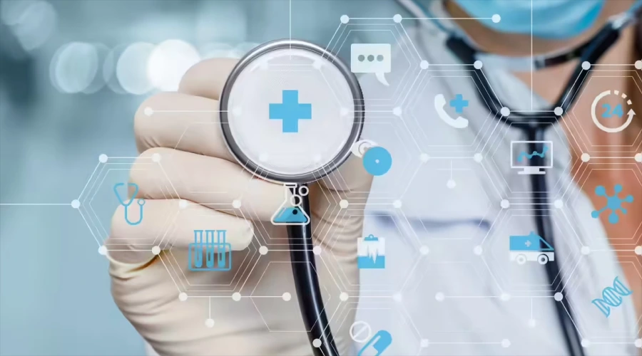 A close-up of a person in a lab coat holding a stethoscope, overlaid with digital icons representing medical data, research, and patient care.