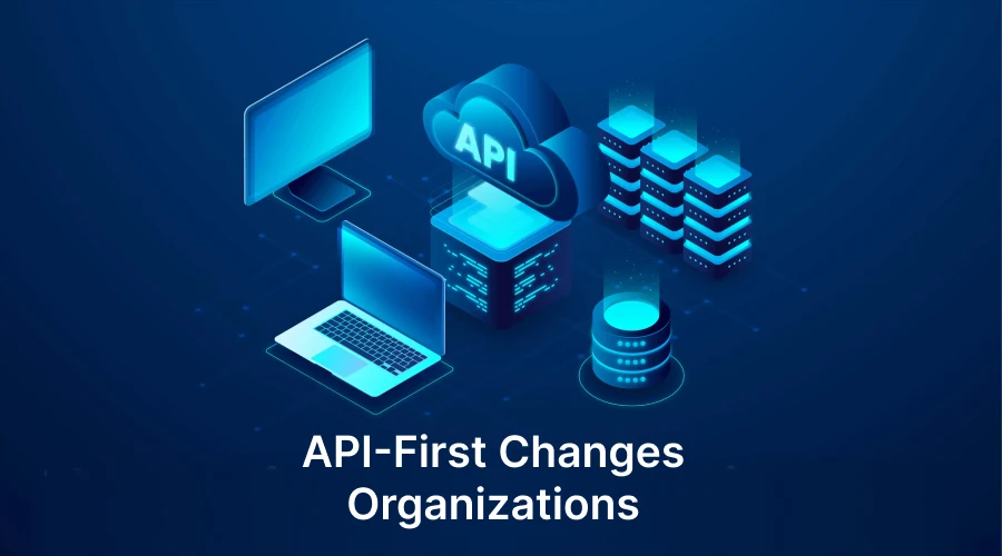 A 3D isometric blue graphic showing interconnected technology icons like a cloud labeled "API," a laptop, a monitor, and data servers.