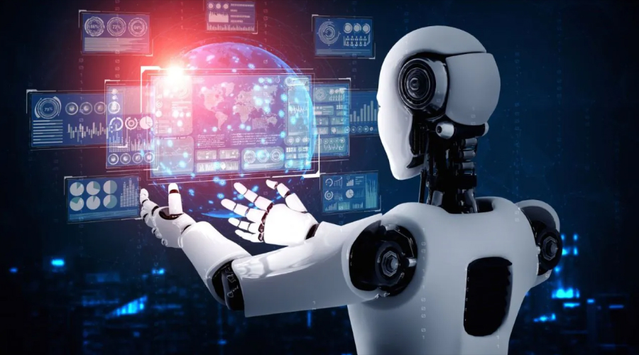 Back view of a sleek humanoid robot with hands outstretched toward a glowing digital globe surrounded by floating data panels.