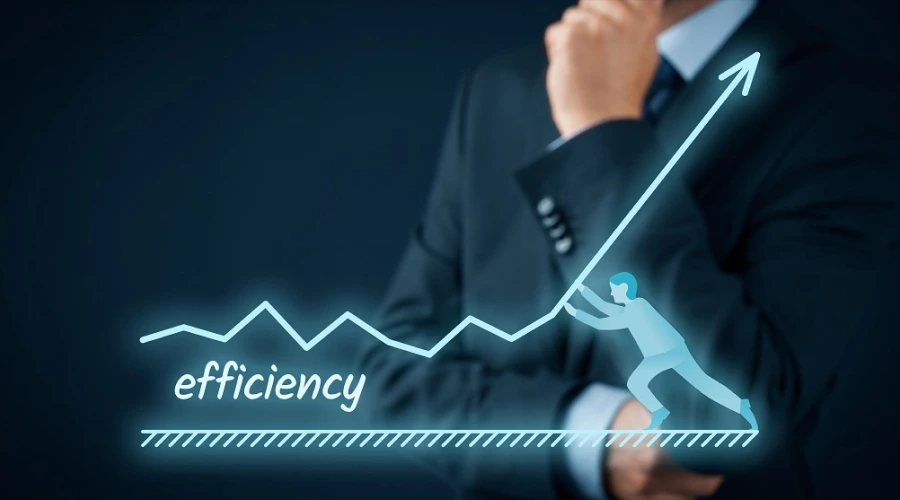 A stylized illustration of a person pushing a glowing line graph upward, with the word "efficiency" written below it.