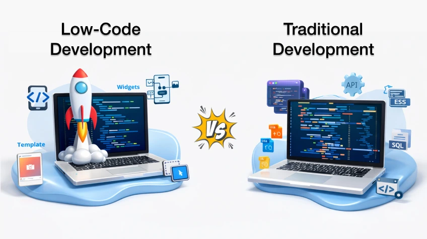 A comparison graphic showing a "Low-Code" laptop with a rocket and widgets versus a "Traditional" laptop with dense lines of code.