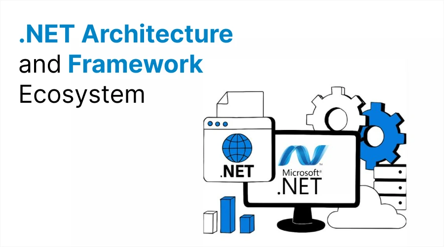 A graphic featuring the .NET logo on a monitor surrounded by icons for gears, data charts, and cloud storage