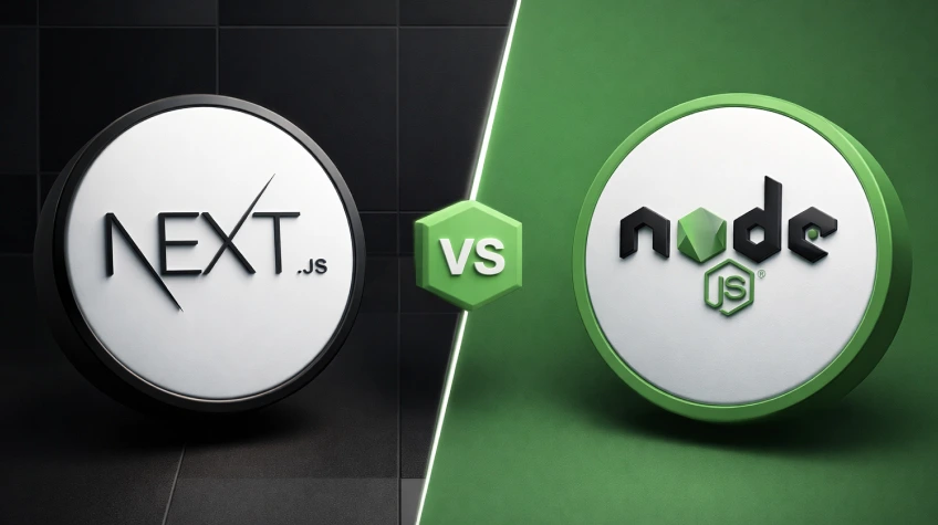 A split-screen comparison showing a circular Next.js logo on a black background and a circular Node.js logo on a green background, separated by a "vs" icon.
