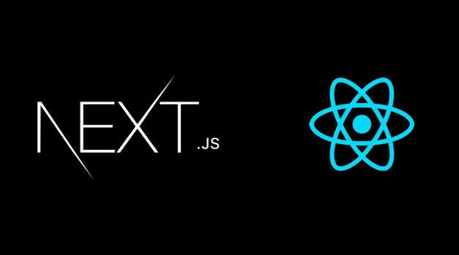 The Next.js wordmark in white text positioned next to the blue React atom icon on a solid black background.