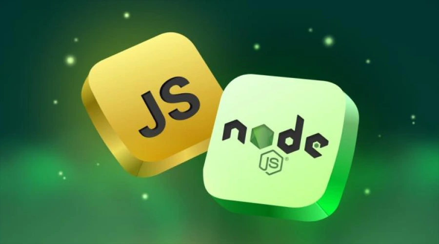 Stylized 3D blocks of the JavaScript  and Node.js logos floating against a dark, bokeh-lit background.