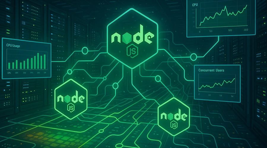 A  server room with glowing green circuits connecting three hexagonal Node.js logos, featuring digital overlays of CPU usage and concurrent user graphs.