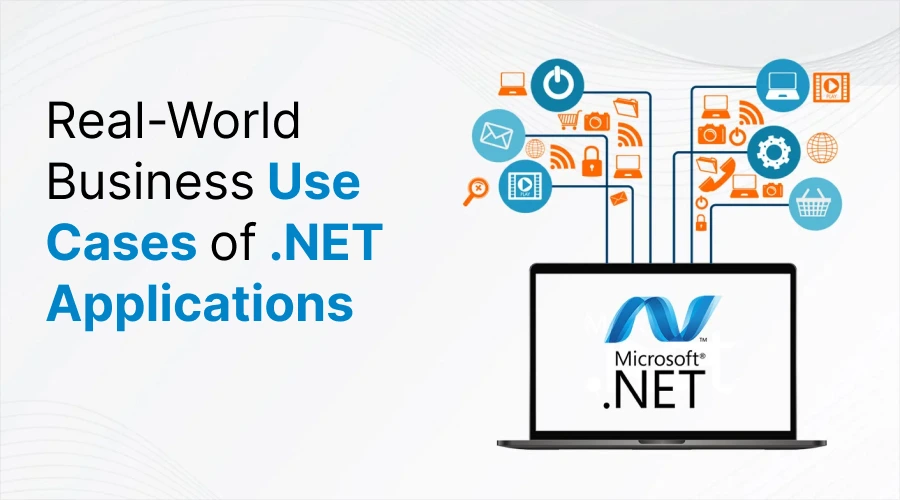 A laptop displaying the Microsoft .NET logo with various business icons like shopping carts and mail floating above it.