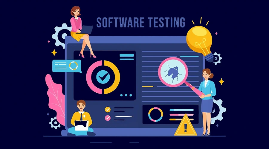 Software Testing - What is it - WeeTech Solution Pvt Ltd A colorful vector illustration showing team members examining a large screen with data charts, a magnifying glass over a bug icon, and a lightbulb, representing the software testing process.