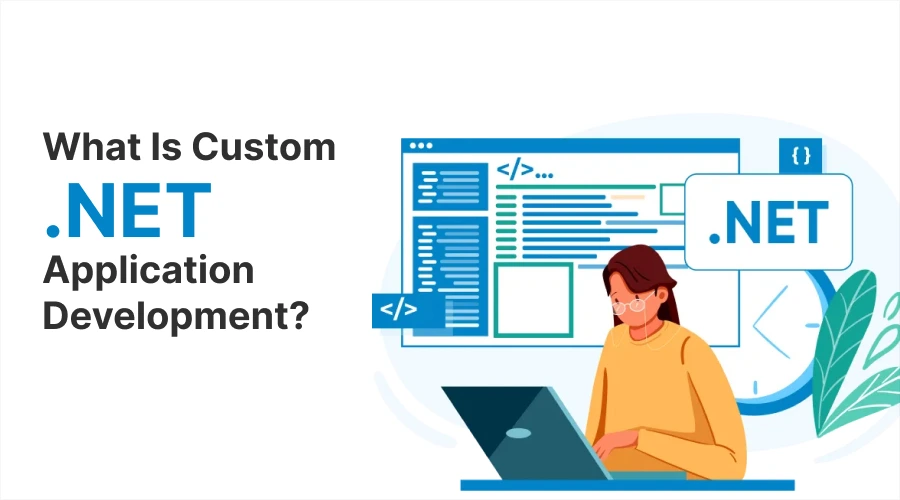 A female developer coding on a laptop with abstract digital windows and a .NET label in the background.