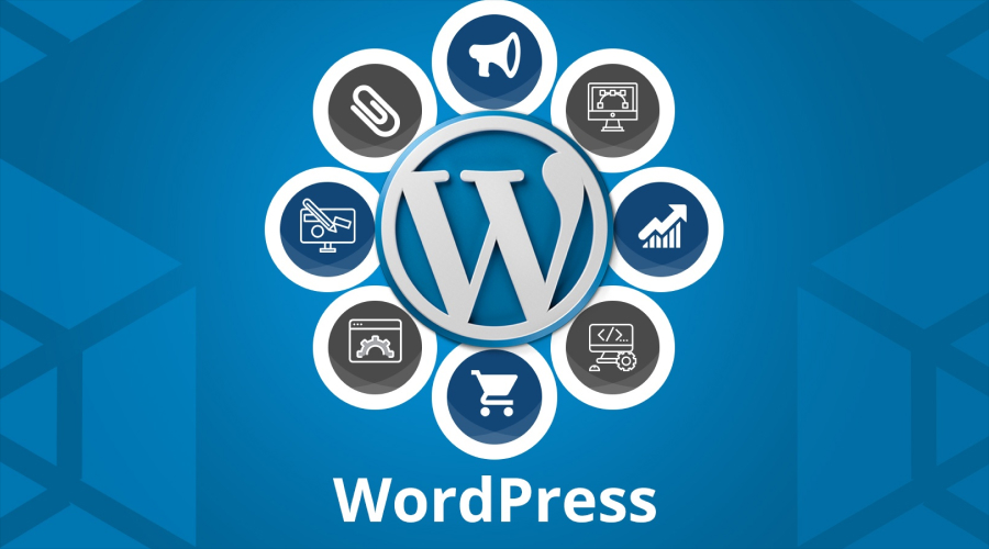The WordPress logo surrounded by a circular array of icons representing SEO, e-commerce, security, and design tools.