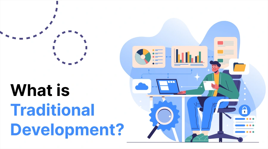 An illustration of a developer at a desk surrounded by data dashboards and a search icon, with the text "What is Traditional Development?"