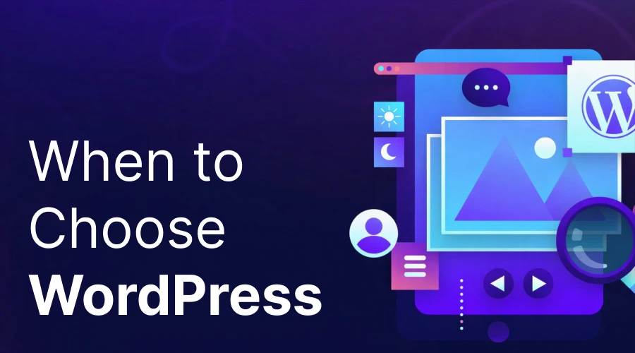 A purple-themed graphic showing a mobile interface with image galleries, user profiles, and the WordPress logo.