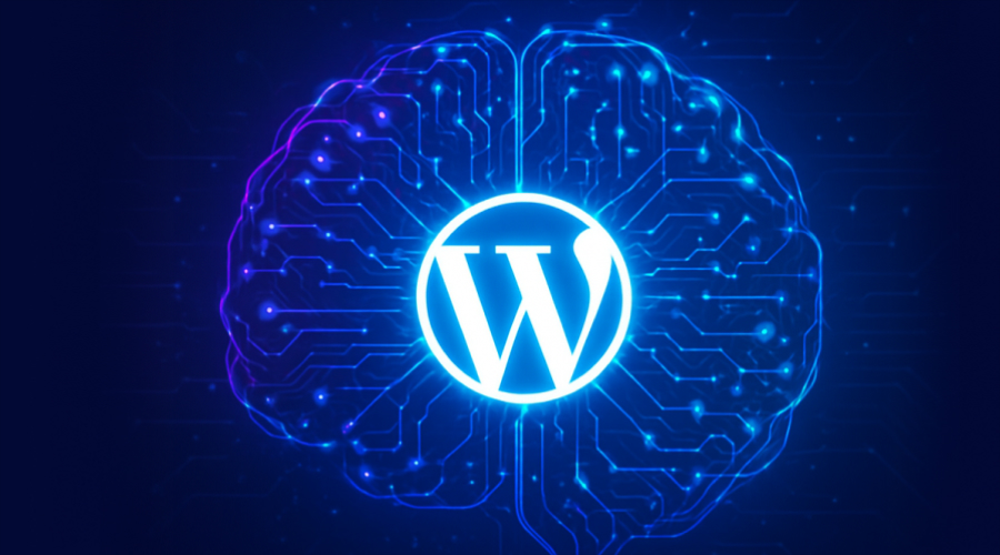 A glowing WordPress logo centered inside a digital, neon-blue illustration of a human brain with circuit board patterns.
