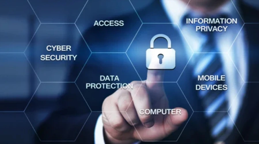 A person pointing at a digital padlock icon surrounded by hexagonal labels for cybersecurity, data protection, and information privacy.