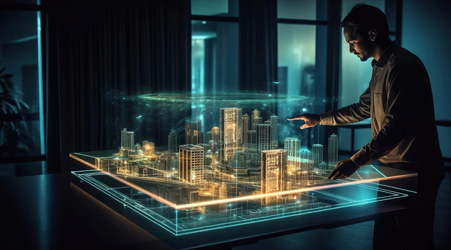 Man in a dark room interacts with a glowing holographic city model projected above a glass table.