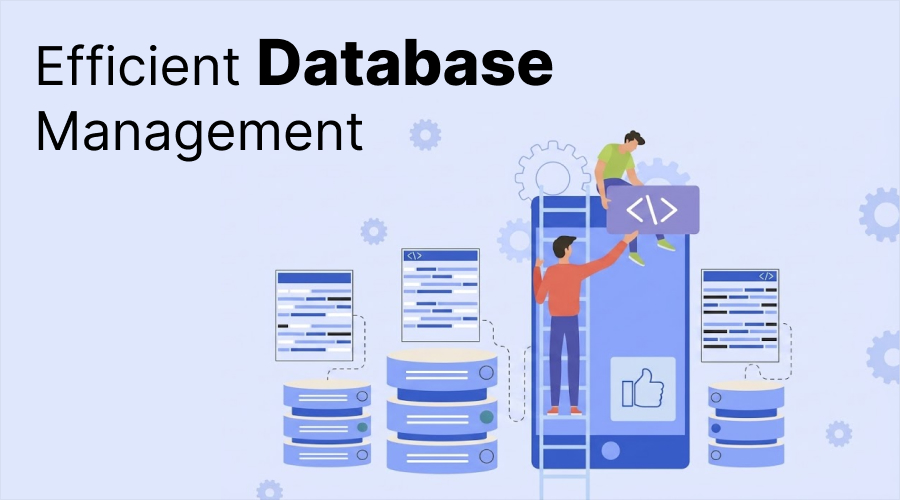 Efficient Database Management - WeeTech Solution Pvt Ltd Graphic with the text "Efficient Database Management" depicting developers working on a smartphone interface connected to server stacks.