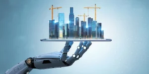 How AI Is Transforming the Real Estate Industry - WeeTech Solution Pvt Ltd Robotic hand holds a tablet displaying a futuristic city skyline under construction with cranes on top.