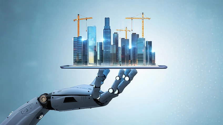 Robotic hand holds a tablet displaying a futuristic city skyline under construction with cranes on top.