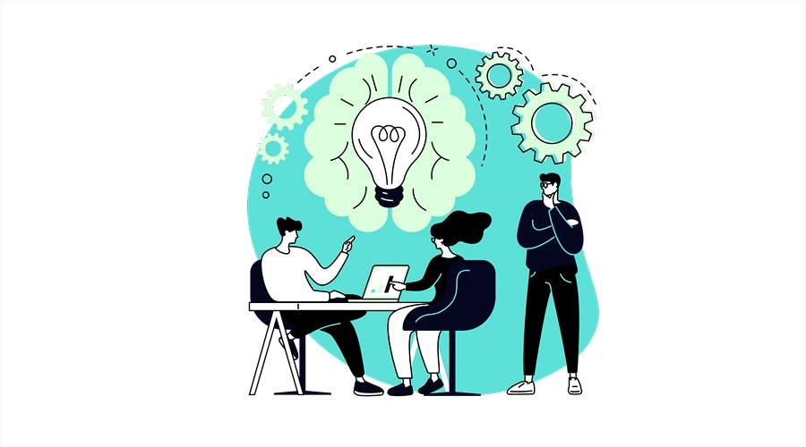 Illustration of a team collaborating at a desk with a large glowing lightbulb and gears in the background to represent the coding phase.