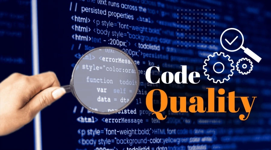 Improve Code Quality - WeeTech Solution Pvt Ltd A hand holding a magnifying glass over code on a screen next to the text "Code Quality".