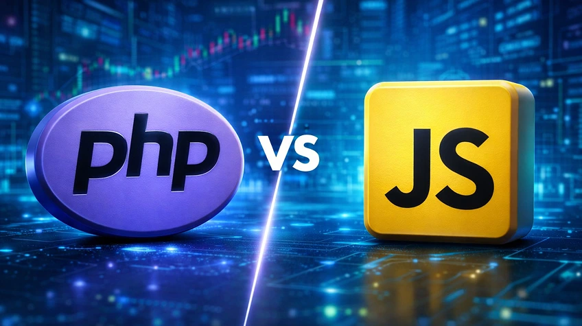 A 3D comparison graphic showing a purple PHP logo on the left and a yellow JS logo on the right, separated by the word "vs" against a glowing blue, futuristic digital background.