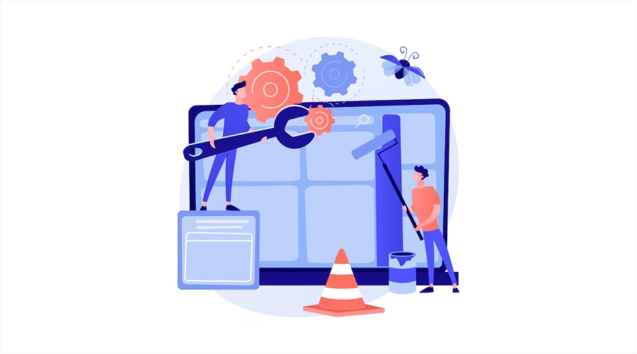 Illustration of two people performing website maintenance with a large wrench, paint roller, and gears on a laptop screen.