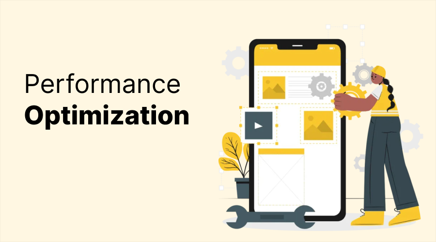 Performance Optimization - WeeTech Solution Pvt Ltd Graphic with the text "Performance Optimization" showing a specialist adjusting a gear on a smartphone screen next to a large wrench.