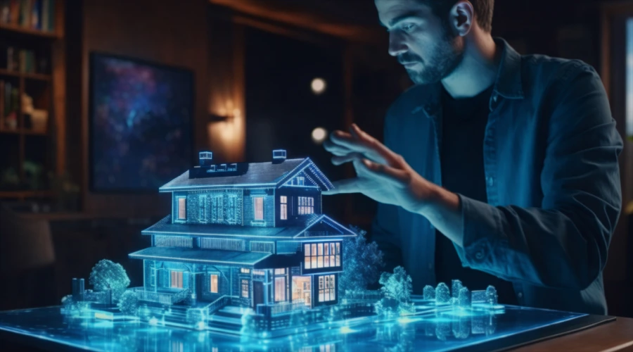 Man in a dark shirt interacts with a glowing blue holographic 3D model of a multi-story house on a glass table