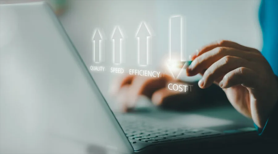 Digital graphic showing rising arrows for quality, speed, and efficiency, while a downward arrow indicates falling costs.