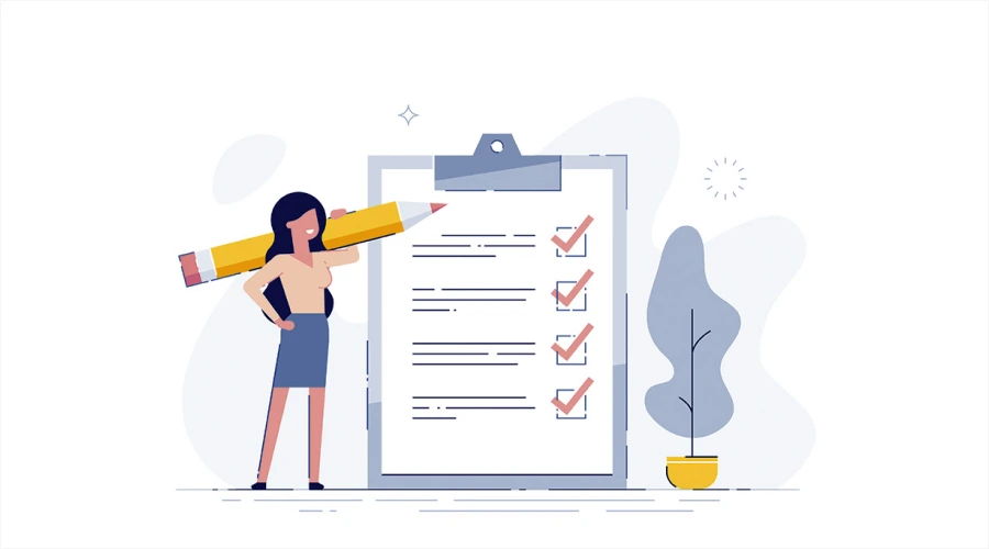 Illustration of a woman holding a giant pencil next to a large clipboard with a completed checklist.