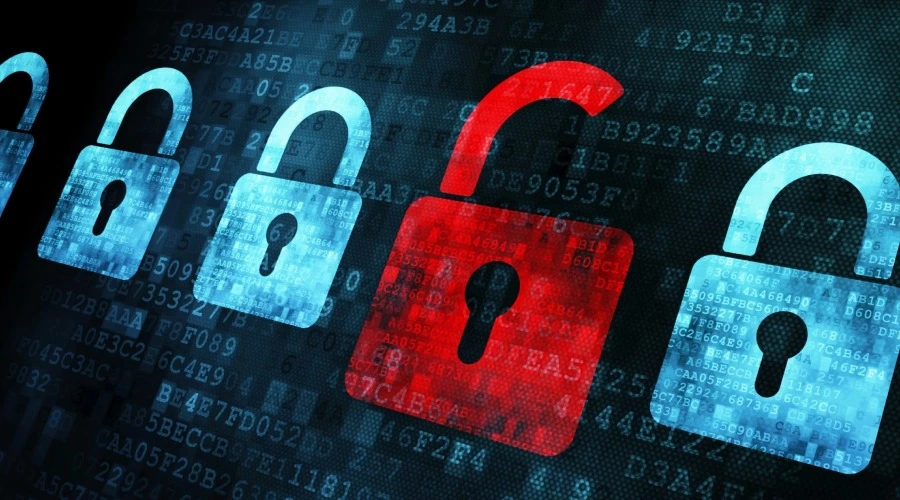 Security Concerns - WeeTech Solution Pvt Ltd A row of digital padlocks on a code background, with one unlocked padlock glowing red.