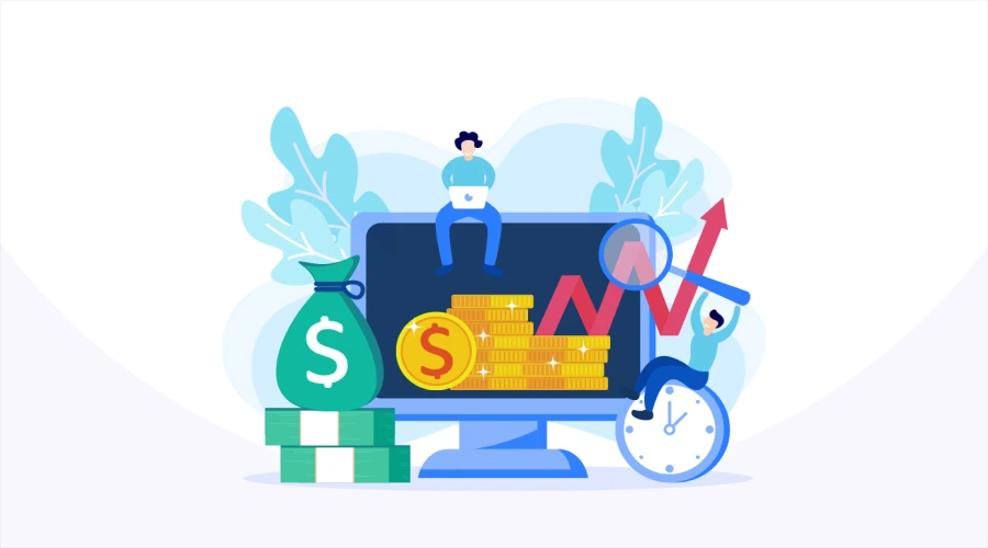 Illustration of people around a monitor interacting with a money bag, gold coins, an upward-trending arrow, and a clock, symbolizing rising project costs and time.