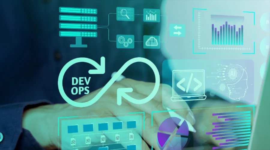 Uses for a DevOps Toolchain - WeeTech Solution Pvt Ltd A futuristic turquoise digital graphic featuring a "DEV OPS" infinity symbol, server icons, and code elements overlaid on a person typing on a laptop.